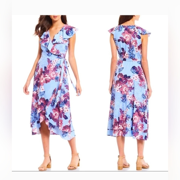 Alex Marie Dresses & Skirts - Alex Marie Womens Light Blue Fara‎ Floral Sleevess Wrap Midi Dress